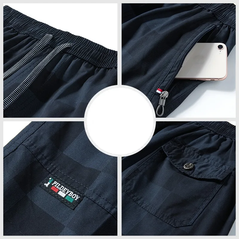 Calções de elástico de cintura alta masculino, moletom com cordão, cordão, xadrez, zíper, casual, reto, bolsos, verão