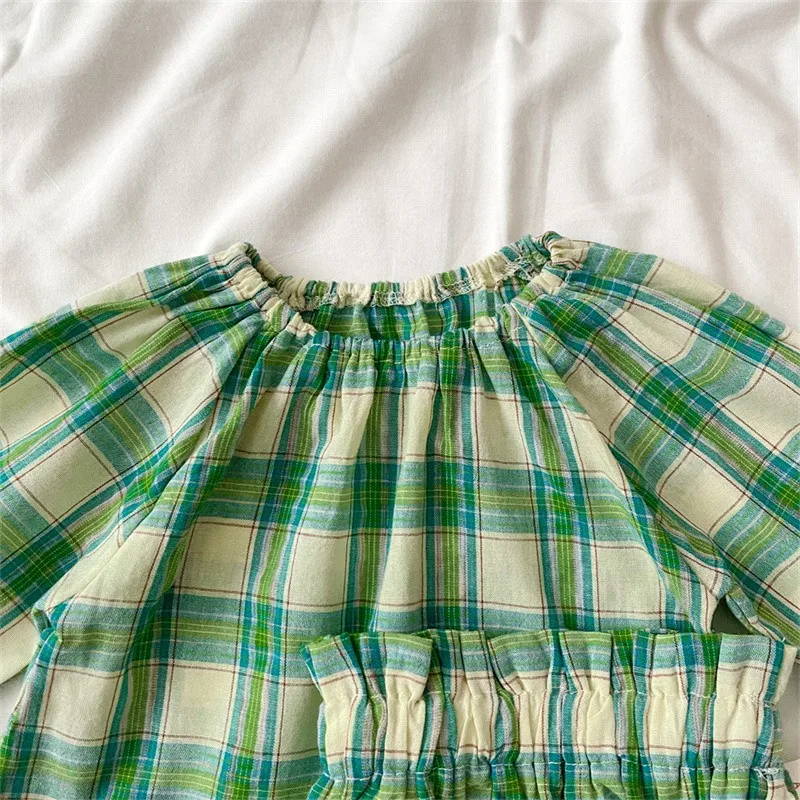 2024 New Spring Summer Baby Green Plaid Long Sleeve Tops And Shorts 2 Pieces Suit Girl Loose Clothing Set Kids Cotton Clothes
