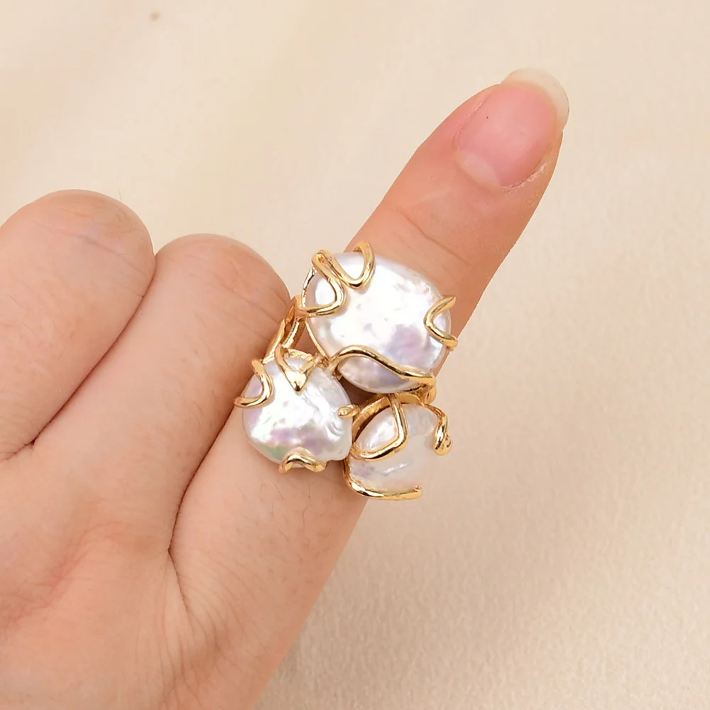 G-G Cultured White Keshi Pearl Coin Shape Adjustable Rings Gold Plated Metal Ring For Lady