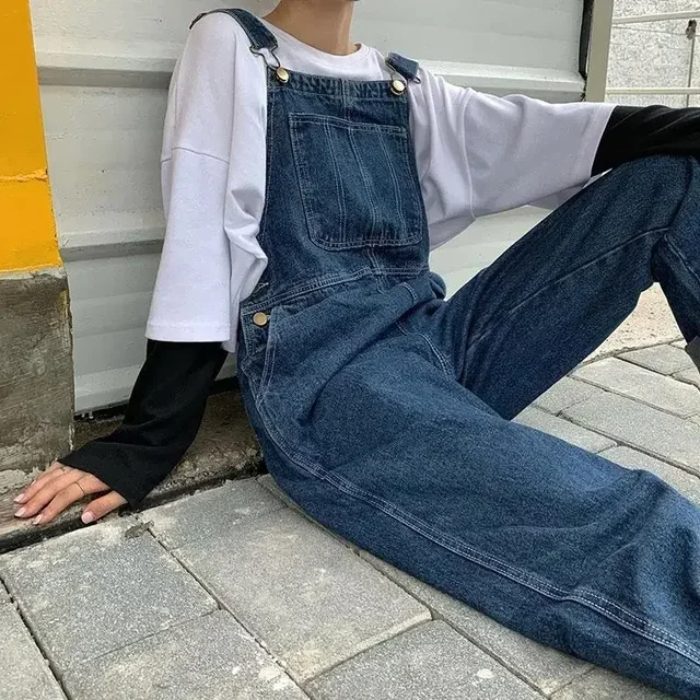 Koreański luźny dżins kombinezony damskie wiosna jesień proste dżinsy z szeroką nogawką Vintage szelki Maxi Baggy kombinezony mężczyźni kobieta S-5XL