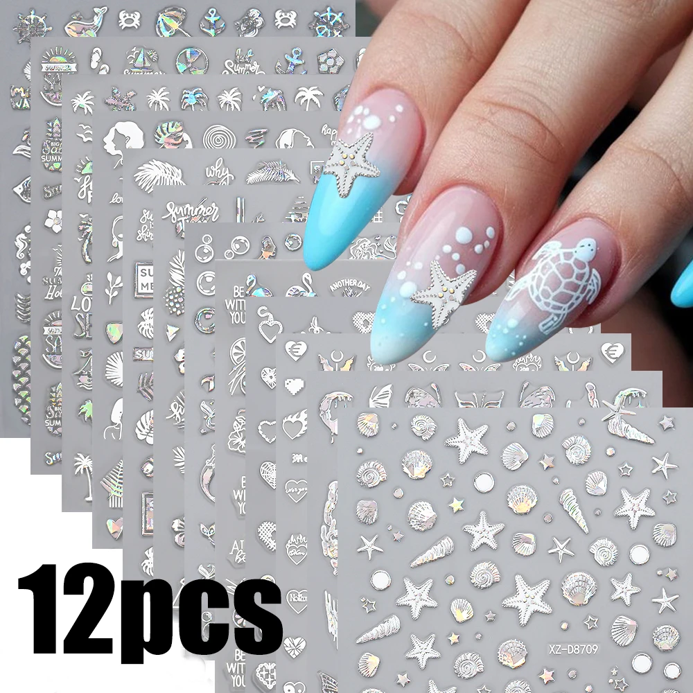 12pcs Laser Silver Summer Marine Life Nail Sticker 3D Holographic Starfish/Mermaid/Conch/Shell/Turtles Manicure Decals Stickers*