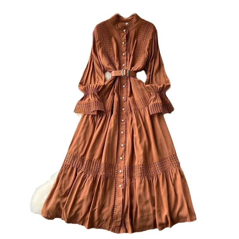 

French Court Retro Elegant Dress Women's Stand-up Collar, Horn Sleeves, Waist Single-breasted Lace Splicing, New，Big Swing Dress