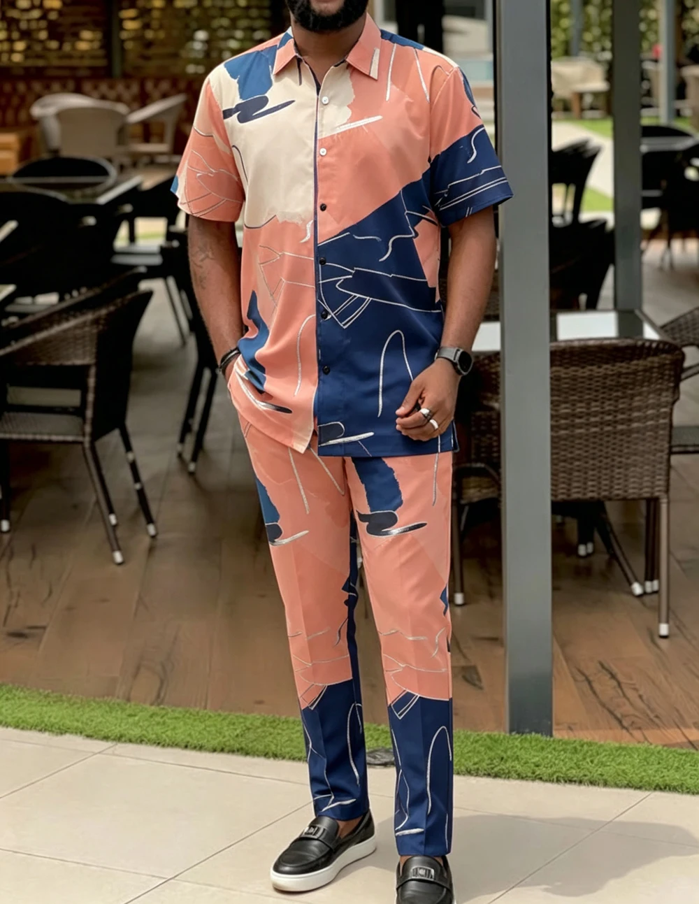 2026 Charming Men's Short-Sleeve Shirt 2-Piece Set with Color Block Print, Hawaiian Vacation Outdoor Party Casual Gift for Men