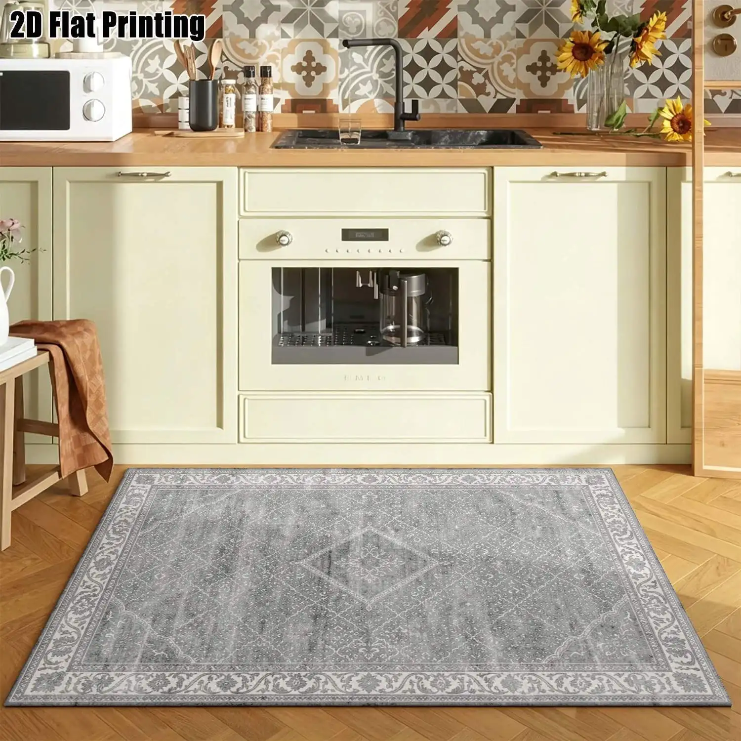 1Pc 2D Printed Retro Gray Geometric Pattern Carpet, European & Modern Simple Style, Multi-Size, Machine Washable, Suitable for Entrance, Dining Room, Foyer, Living Room, Bedroom Home Decoration