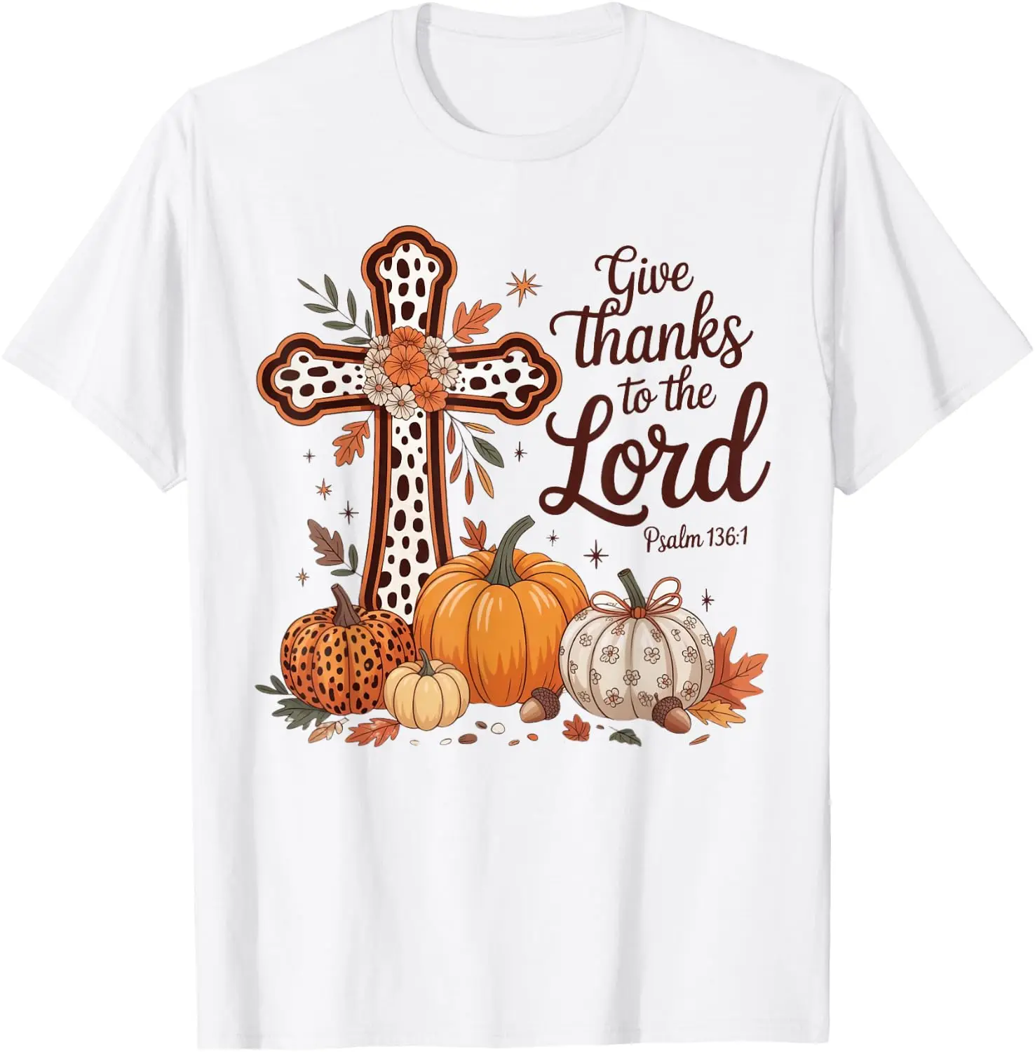 Give Thanks To The Lord Pumpkin Boho Flowers Fall Christian T-Shirt 100% Cotton Trendy Y2K Short-Sleeve Tee – Soft,