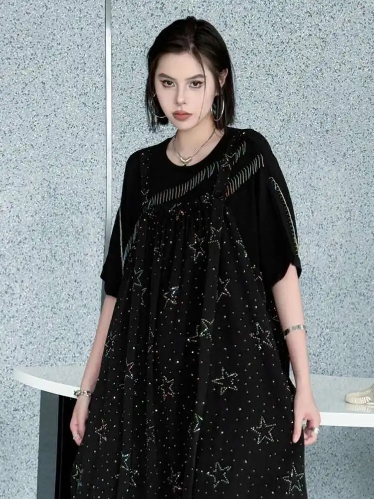 

Women Black Tassels Spliced Big Size Casual T-shirt New Round Neck Short Sleeve Fashion Tide Spring Summer