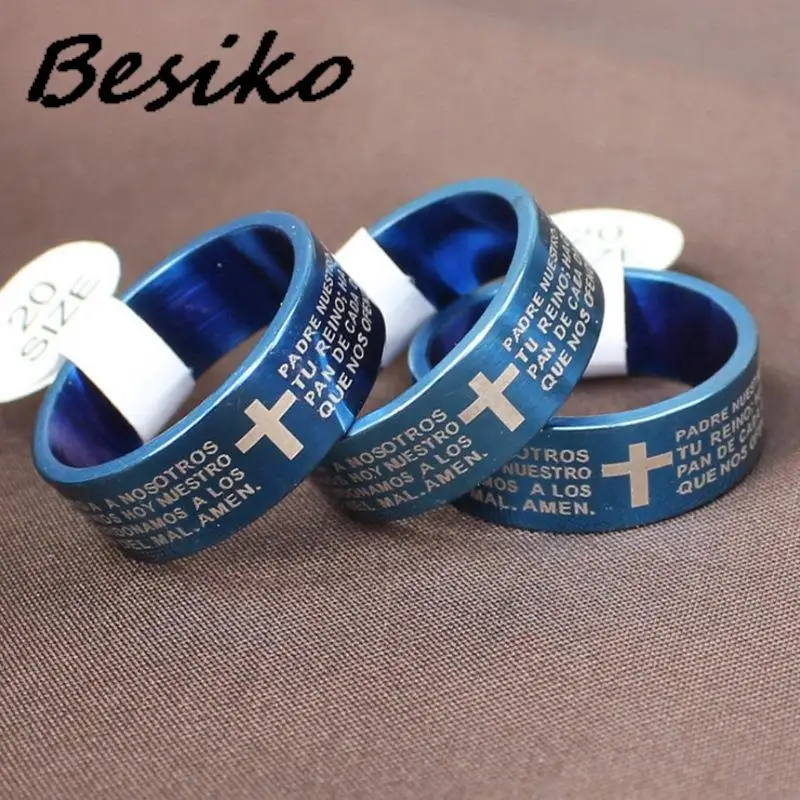 Besiko 2023 8mm Black Spanish Bible Prayer Cross Men Rings Stainless Steel Christian Women Rings Birthday Gifts Wholesale