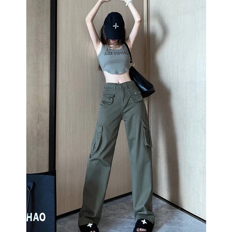 

Green Vintage Women's Pants High Waist Straight Baggy Cargo Pants Streetwear Hip Hop Fashion Multiple Pockets Wide Leg Trouser