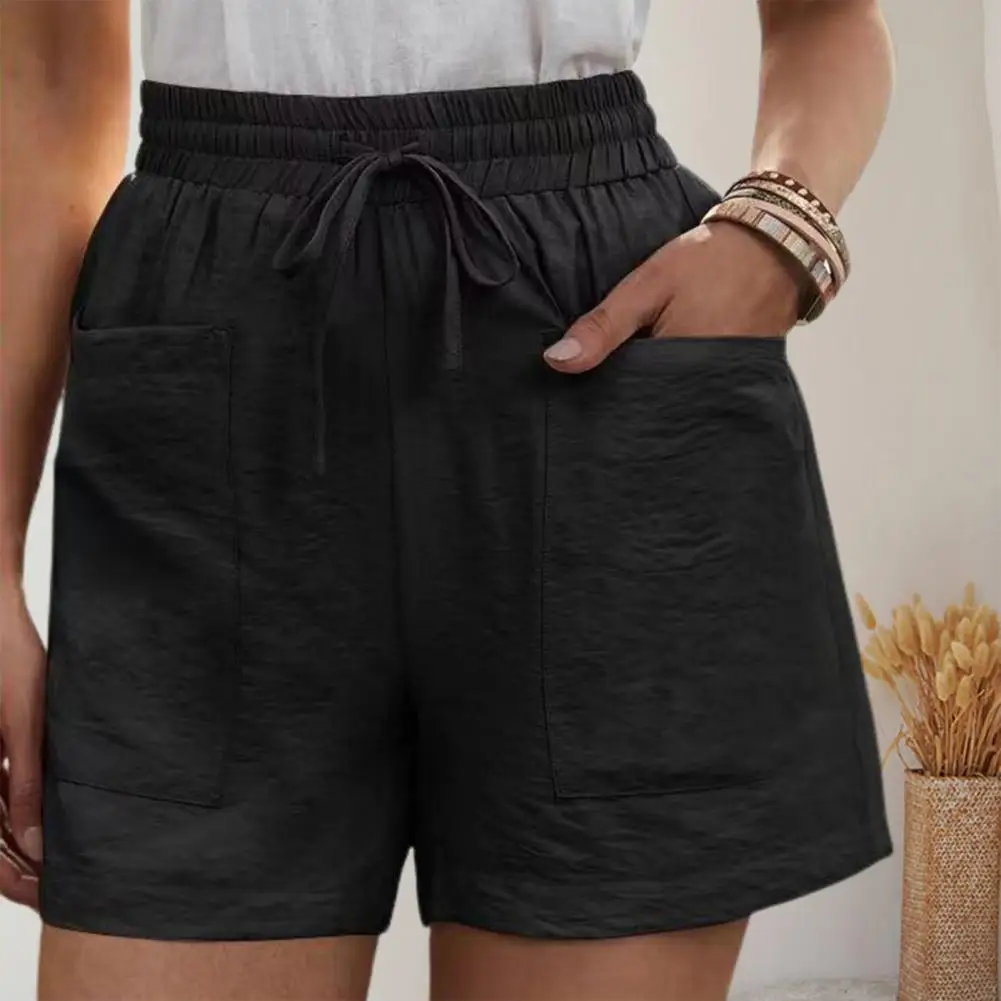 Women Casual Shorts Breathable Elastic Waist Drawstring Solid Color High Waisted Pockets Ladies Summer Sport Short Pants Trouser