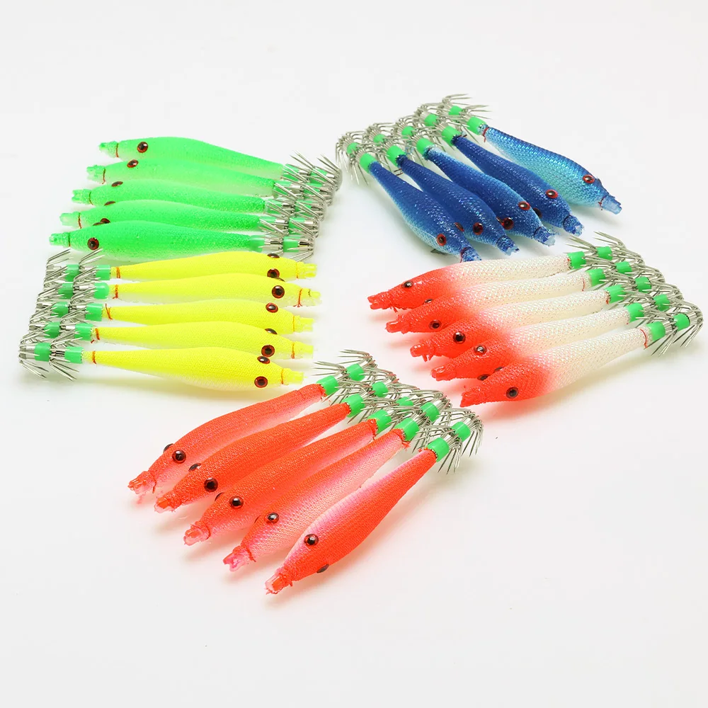 5 pcs 6cm 7cm 9cm 11cm Fluorescent Fishing Lures Squid Hook Jigs Cuttlefish Jigs Bait  Wood Shrimps Sea Fishing Tackle ﻿