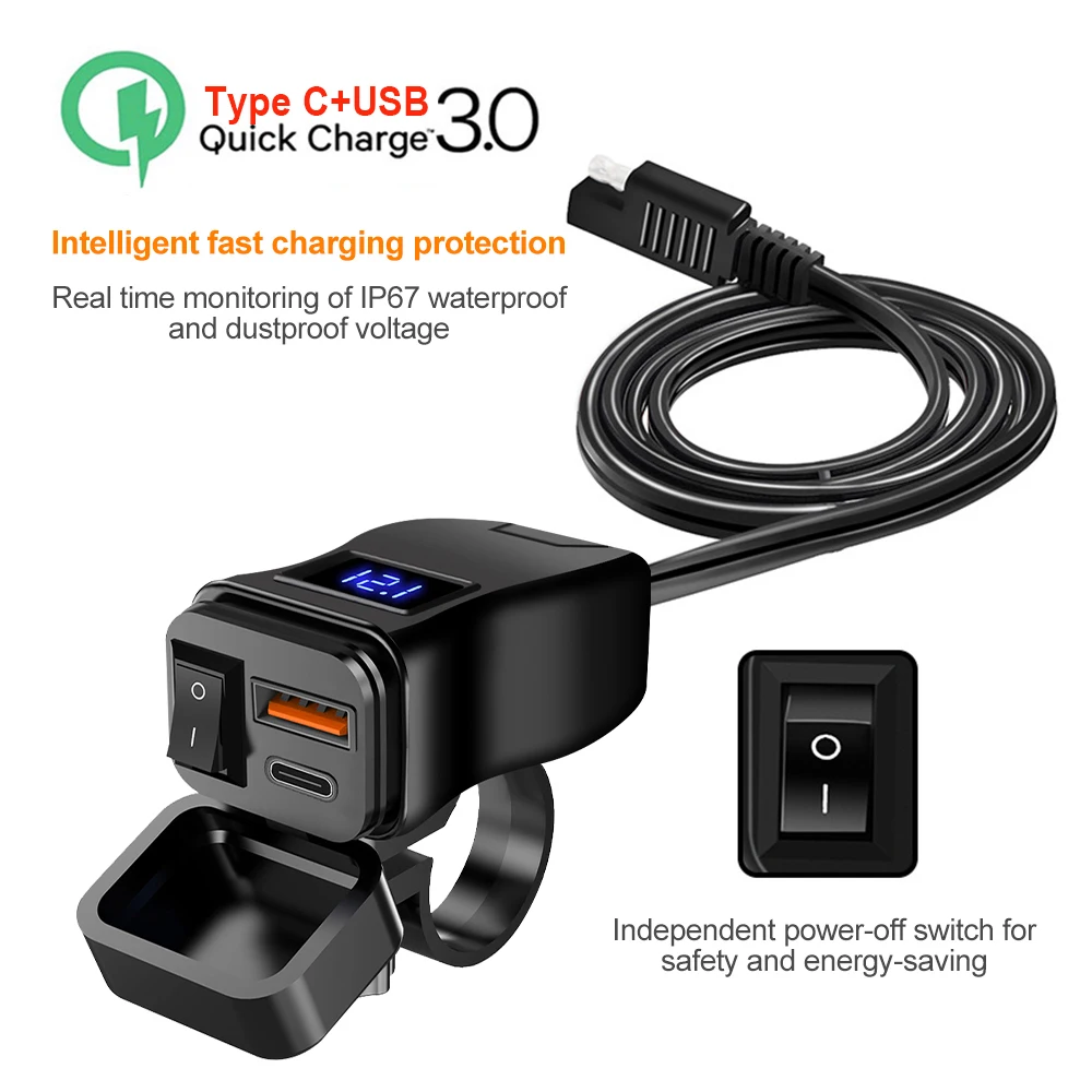 

Быстрое зарядное устройство USB для мотоцикла PD + QC3.0, 60 Вт, двойной USB-разъем на руль с переключателем, вольтметр, водонепроницаемый адаптер питания 12 В