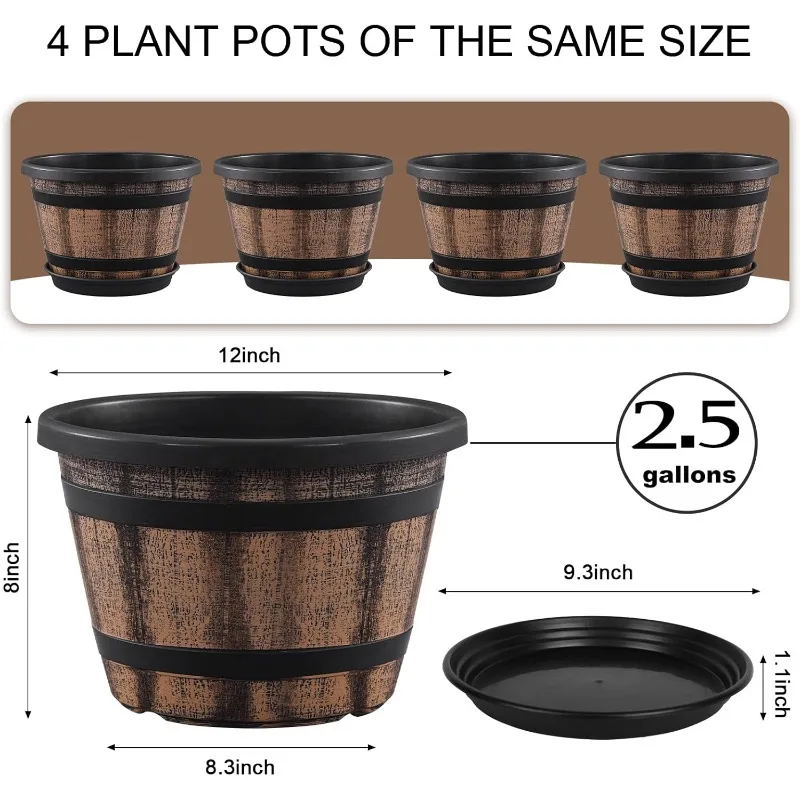 Plant Pots Set of 4 Pack 12 inch,Large Whiskey Barrel Planters with Drainage Holes & Saucer.Plastic Flower Pots Imitation