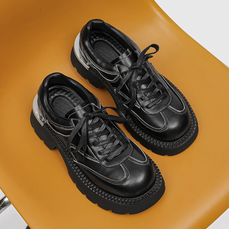 Light Luxury High-end Men Spliced Lightweight Thick Soled Derby Shoes Showcasing Personality Round Toe Commuting