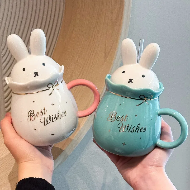 580ml Cute Rabbit Mug With Lid Cartoon Ceramic Cup  Children's Breakfast Milk Water Cups Coffee Mugs Birthday Gifts For Women