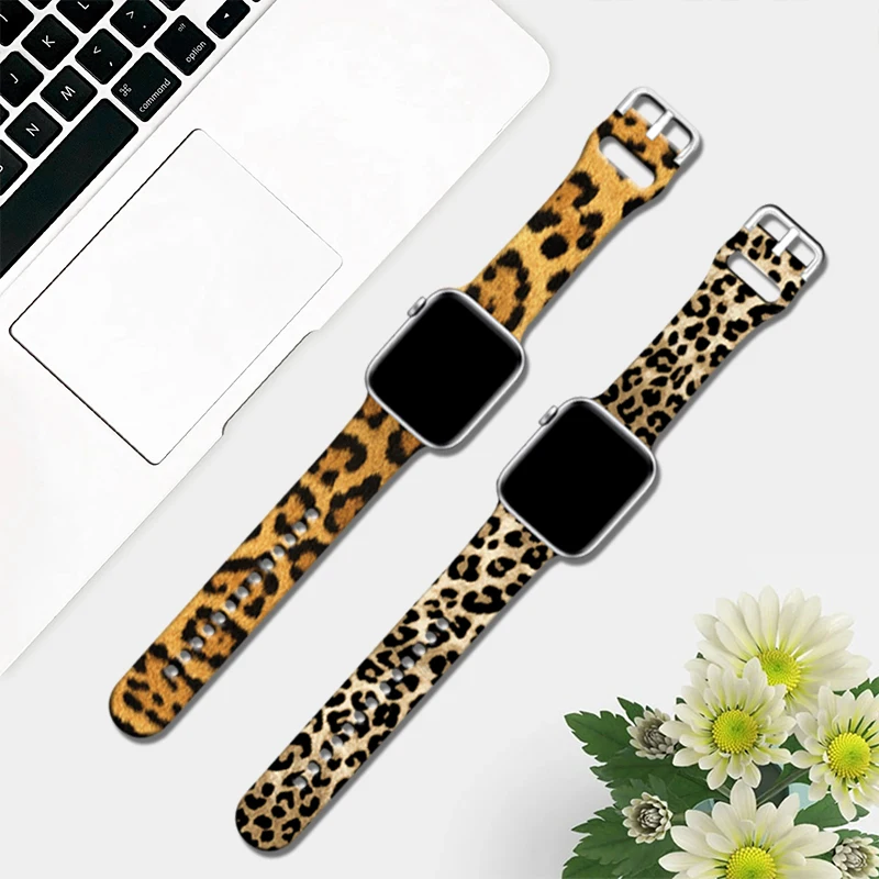 Silicone Leopard Printed Watchband for Apple Watch Ultra 2 49mm 40 42mm 44mm Bracelet for IWatch Series 9 8 7 6 5 4 41mm 38 45mm