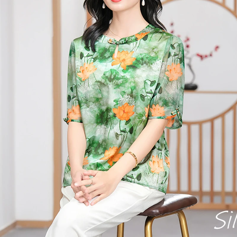 BirdTree 89.4%Real Silk Plus Size T-Shirt Women,Round Neck Half Sleeves Floral,Versatile Temperament Top,2024 Spring T42338QD