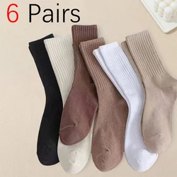 6 Pairs Women Solid Color Medium Length Socks Fashionable Trendy Multi-color Versatile Comfortable Breathable Casual Girls Socks