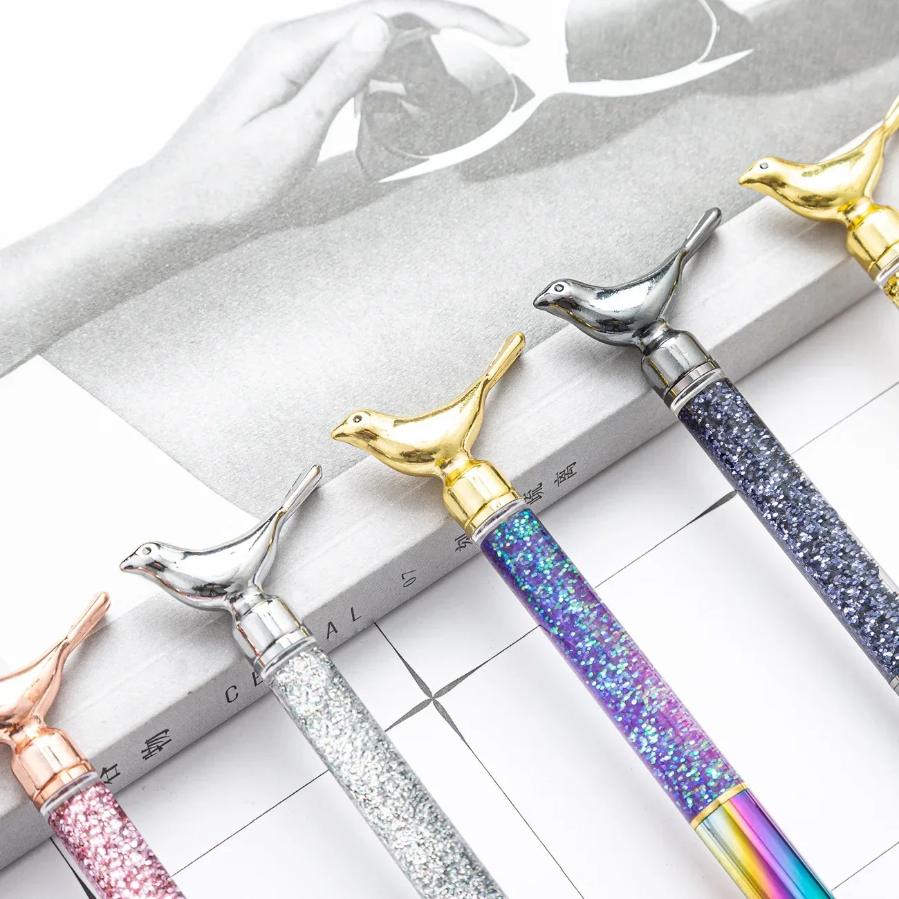 A10PCS Colorful Bird Gold Powder Ballpoint Pen Gift Pen With Oil Pen