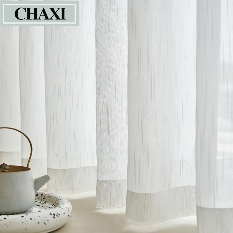 CHAXI Semi Solid White Striped Tulle Window Sheer Curtain for Living Room Bedroom Voile Kitchen Drape Blinds Custom Made