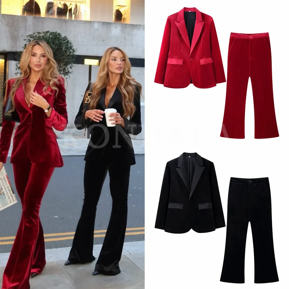 

Костюмы KONDALA 2026: элегантные женские костюмы для весны и лета, повседневные, для отпуска и вечеринок, красные и черные фланелевые костюмы, стильные брюки-клеш для женщин.