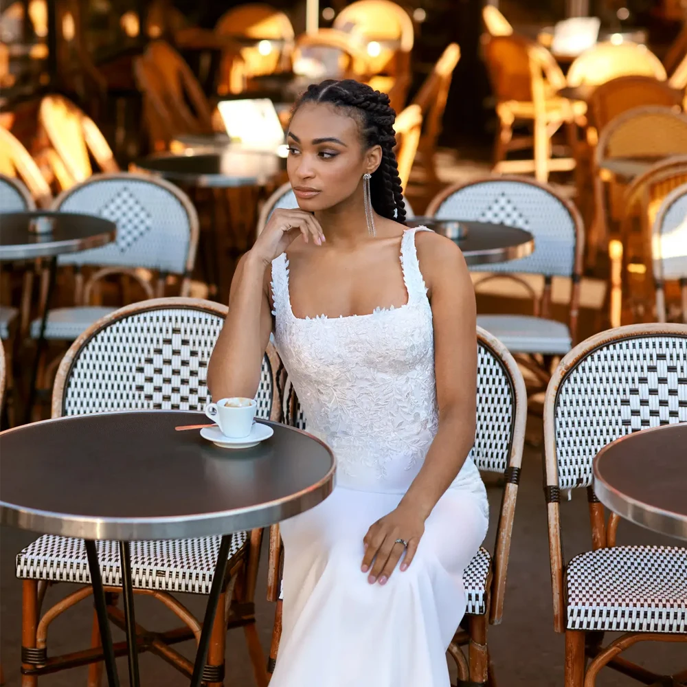 Свадебное платье без рукавов с квадратным вырезом и широкими бретелями, кружевное платье из джерси с аппликацией по индивидуальному заказу, платья невесты с открытой спиной, Vestidos De Novia