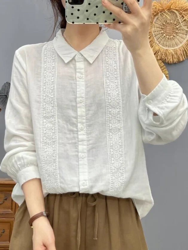 

Artistic Pure Color Embroidered Lace Patchwork Double Layer Cotton irt Large Size Women's Long Sve Single Button Turn-do...