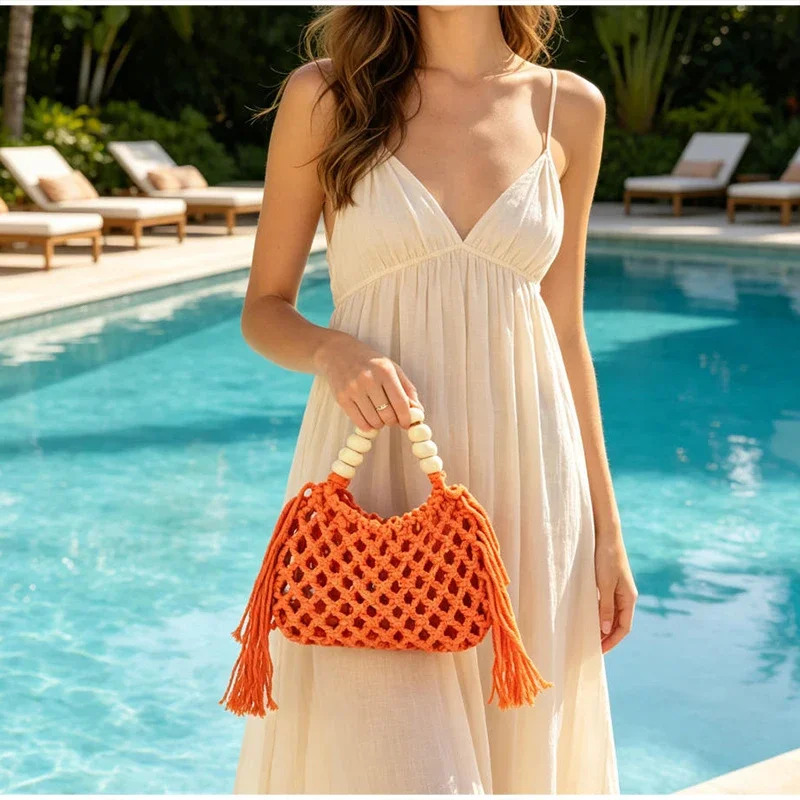 Boho Häkel-Handtasche mit Aushöhlungen und Quasten, Holzperlen-Griff, Gewebte Strandtasche, Sommer-Urlaub Strohtasche, Damen Casual Schultertasche – Detail 15