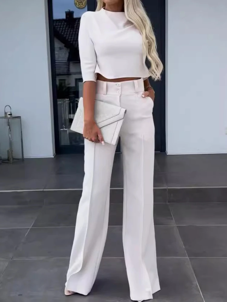 

2024 Summer New Crop Top with Flare Pants Two Piece Set Women Solid Color Turtleneck T Shirt Suit Office Fashion Casual Set