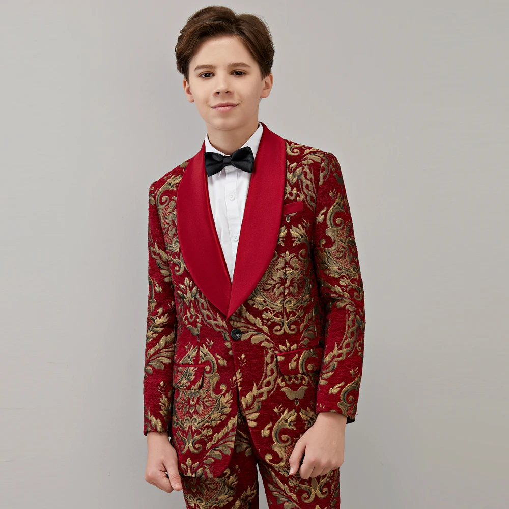 Boy\'s Costume Baby Suits Children Wedding For Boys Blazer Kids Prom  Formal Clothes Evening Dresses 2PCS Wine Red Jacquard Lapel