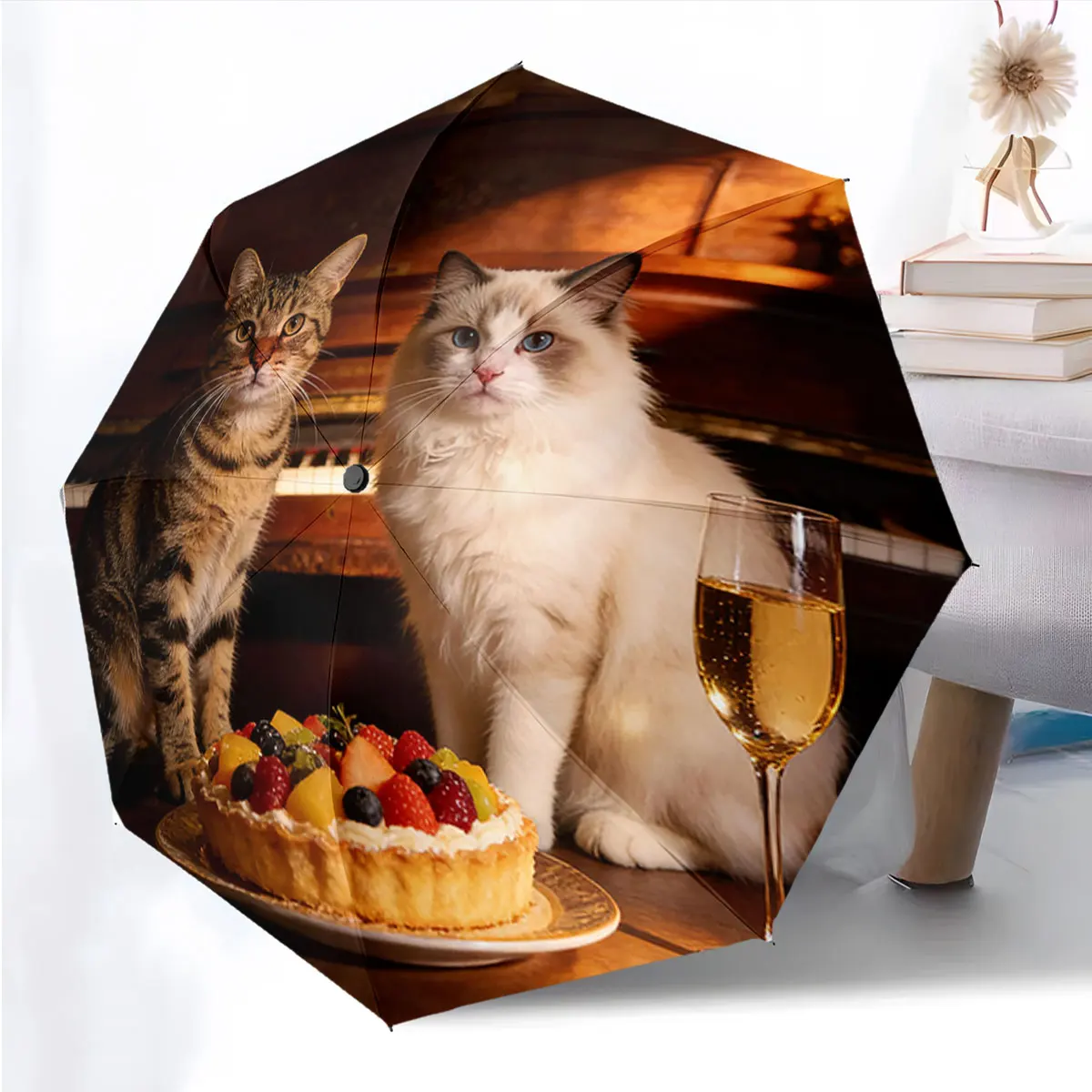 1PC Cats and Cake: A Cozy Umbrella Design Print 8 Iron Ribs Folding Umbrella Auto-Open Fashion Sunshade