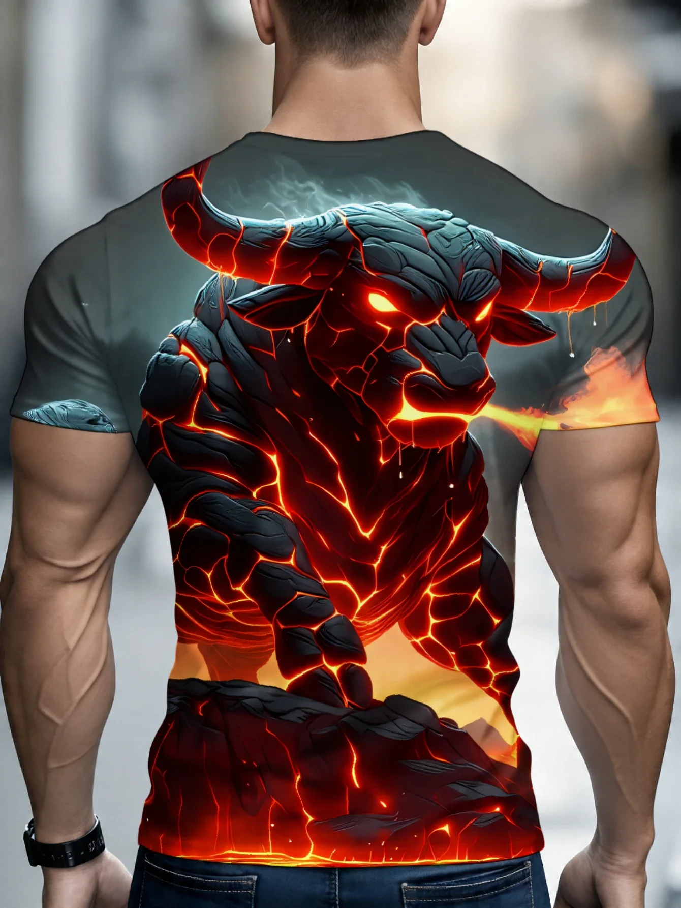 Men Lava Fire Bull 3D Print Short Sleeve Crew Neck Street Casual T-shirt