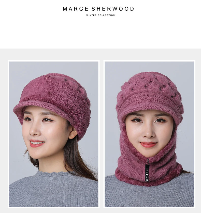 Frauen Gestrickte Schal Maske Hut Set Winter Warme Beanie Hut Elastische Weiche Gestrickte Gehörschutz Winddicht Schnee Ski Cap Einteilige hut – Detail 5