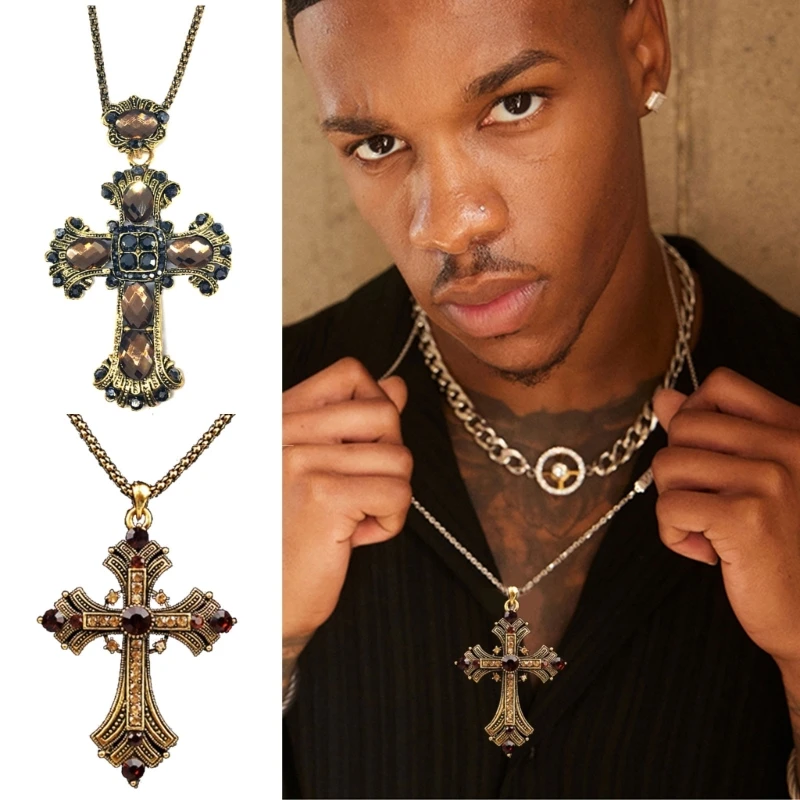 Vintage Baroque Christian Necklace For Women Man Silver Color With Crystals Gothic Crucifix Symbol Unisex Jewelry