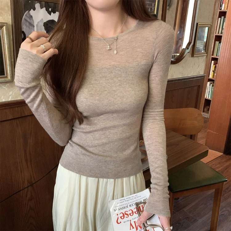 

Новая осенняя милая вязаная футболка с длинным рукавом для женщин, корейская облегающая темпераментная элегантная рубашка, трендовые красивые топы