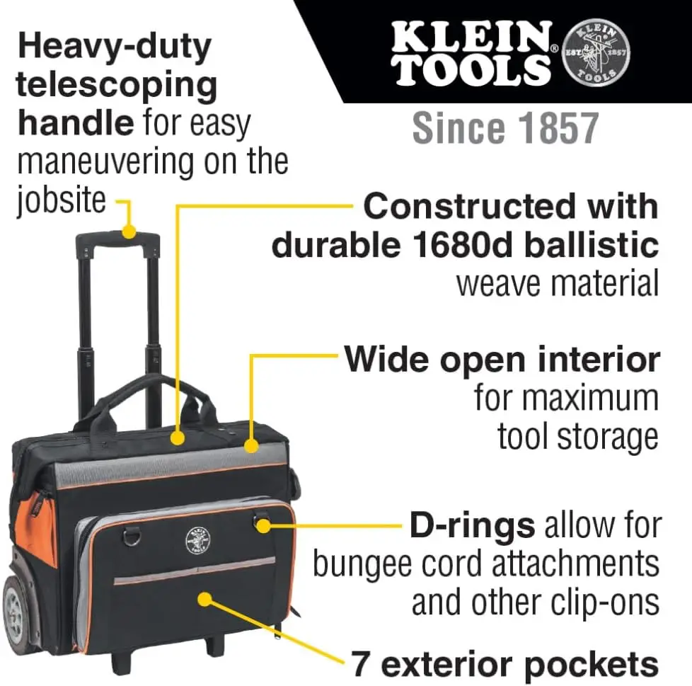 52Rtb Tool Bag, Water Resistant Tool Storage Organizer Rolls On Rugged 6-Inch Wheels, 24 Pockets, Load Tested To 200-Pound