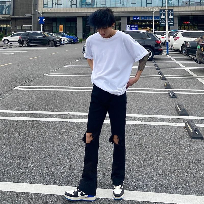 Hollow Out Jeans Men Japanese Style Pure Color Hip Hop Normcore Ripped Slim Ankle Length High Street Fashion Spring Summer 2023