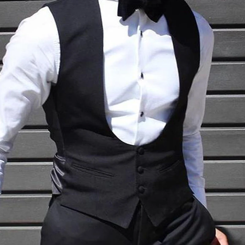 Zwarte Mannen Vest Bruiloft Bruidegom Tuxedo Een Stuk Slanke Effen Kleur Mannen Mode Vest