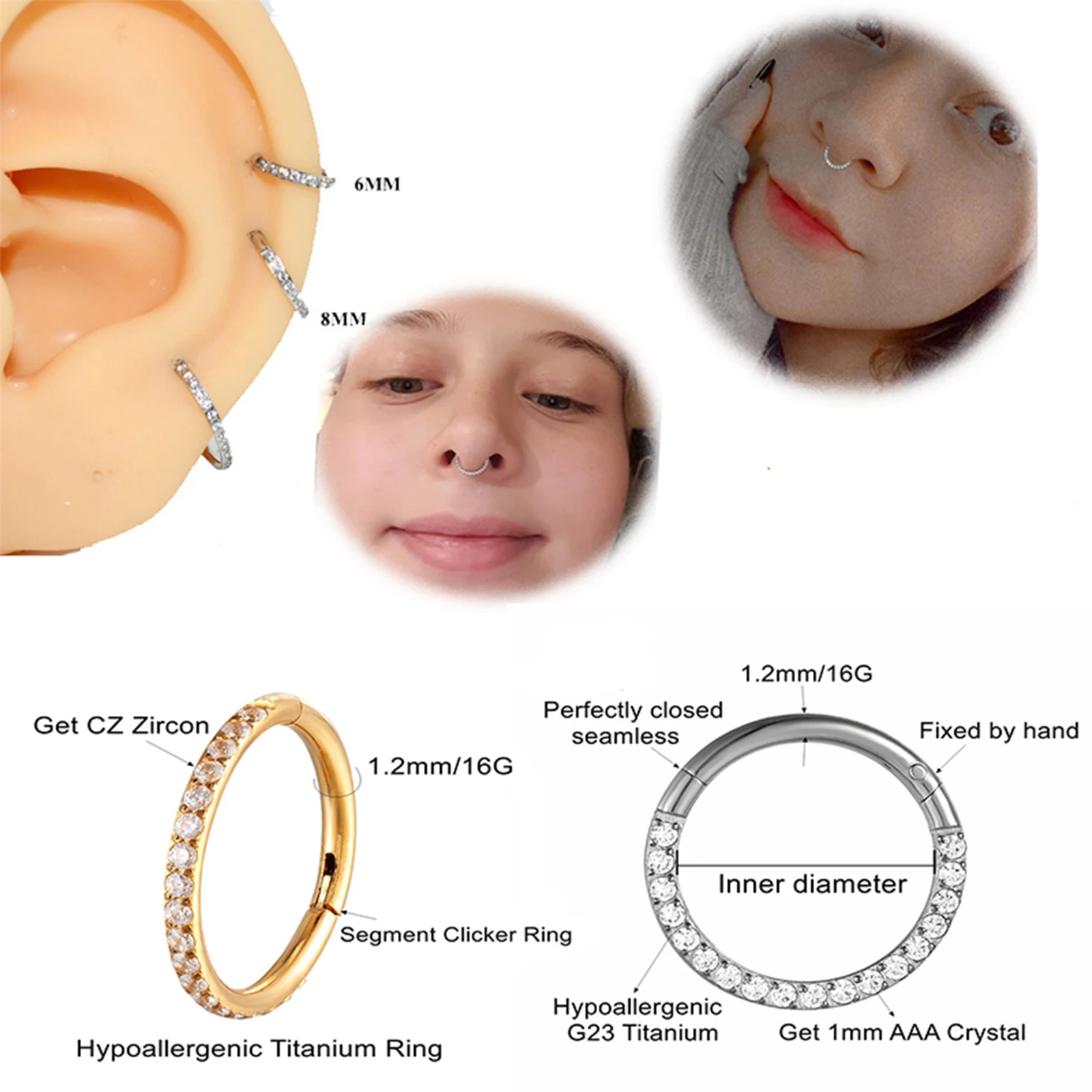 1PC G23 Titanium Piercing Chrząstka Kolczyk na zawiasach Pierścień na nos Helix Conch Daith Clicker Septum nos CZ Biżuteria do ciała Hurtownia 16G