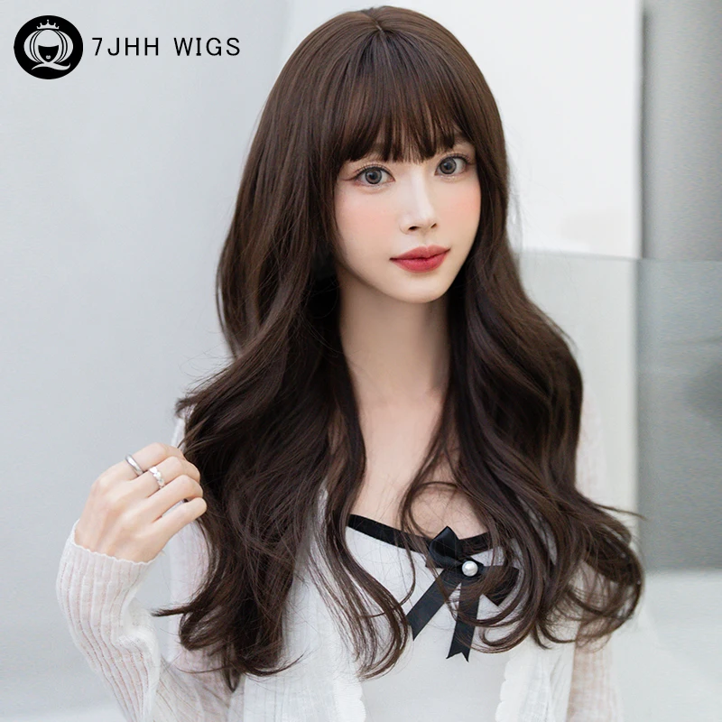 Wig 7JHH, Wig rambut coklat berlapis sintetis dengan poni untuk wanita menggunakan mode Tubuh panjang bergelombang coklat tua ramah pemula