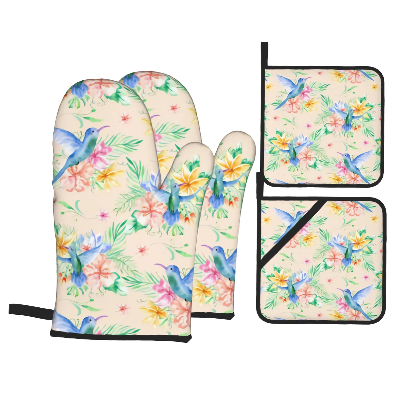 

Цветочные рукавицы и варежки для духовки с колибри, искусственные забавные перчатки с принтом для безопасного барбекю, приготовления выпечки, гриля, набор из 4 предметов