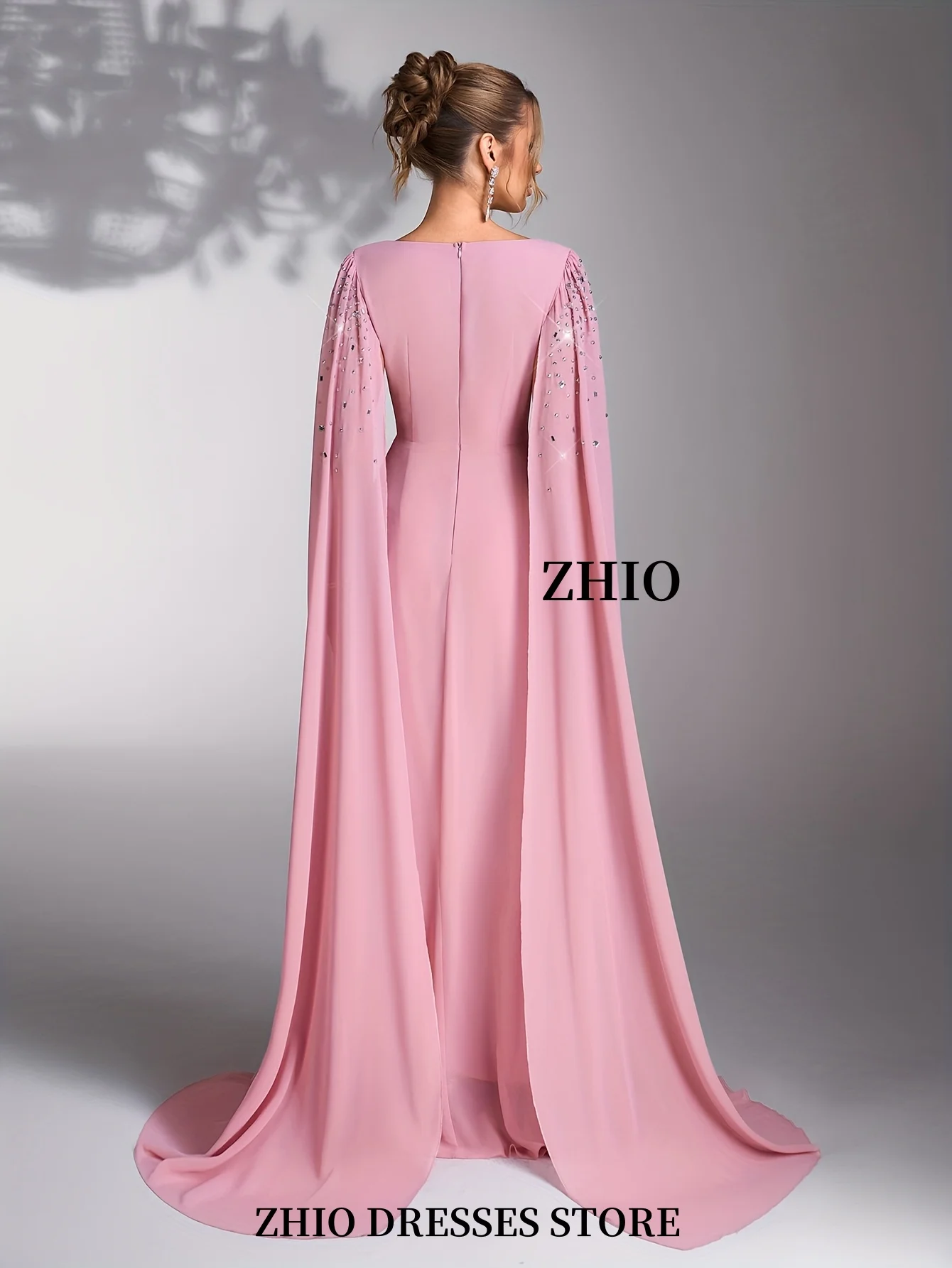 فستان حفلات نسائي من ZHIO برقبة مربعة وأكمام طويلة فاخر مطرز بالخرز كريستال سويب تراين شيفون المملكة العربية السعودية مخصص