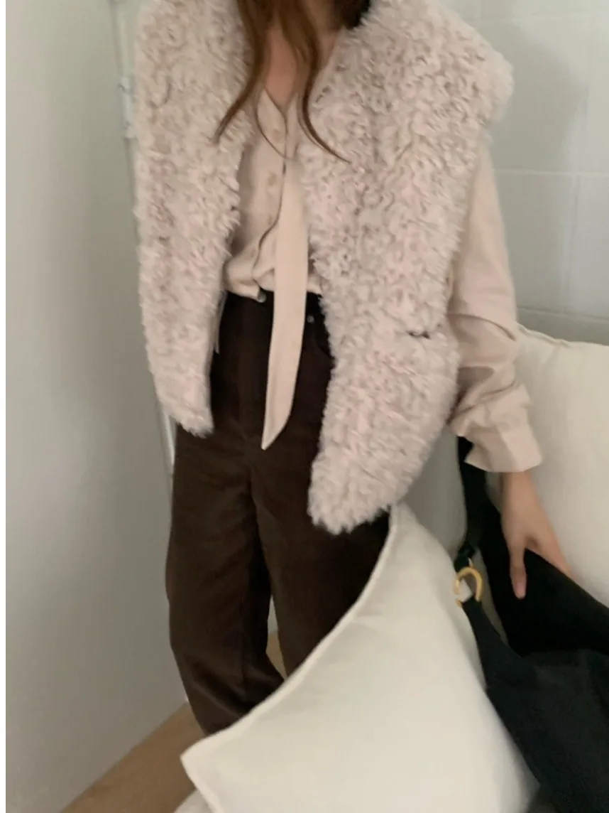 Chic Herbst Winter Vintage runde Ne Kreis Fce Lose Casual Vielseitige Lamm Pelz Weste Strickjacke Oberbekleidung für Junge Frauen