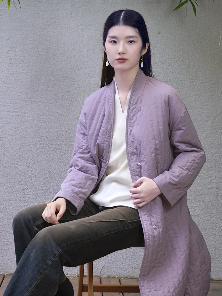 

Warm Mid-Length Cotton Jaet with Polyester Filling in Light Purple Traditional Chinese Sle Winter Coat Simple Loose Fit W...