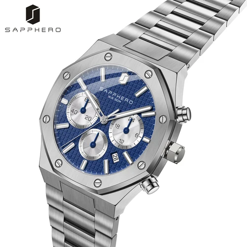 Imagen 2 del producto Reloj SAPPHERO para hombre, reloj resistente al agua, función de cronógrafo, fecha, manecillas brillantes, reloj de acero inoxidable, reloj de negocios para regalo de hombre
