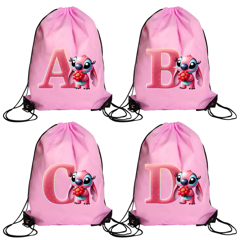 Disney Stitch Drawstring Backpack Cartoon A-Z Letter Print Tote Bag Kawaii Waterproof Large Capacity Polyester Storage Bags Gift