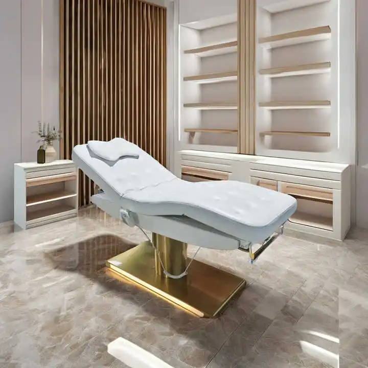 Electric Massage Bed, 3 Motors Tufted Leather Salon Spa Bed, Gold Pink LED Lighting, Cosmetic Table, Commercial Salon Furniture