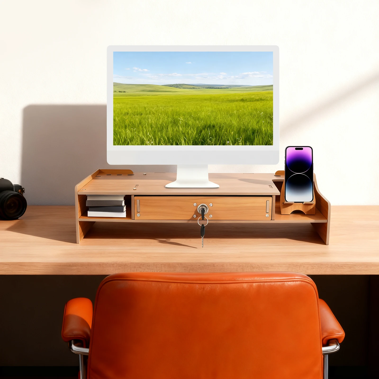 Wood Computer Monitor Stand, 5.51-11.02 lbs Load, Office Desk Accessories W/ Drawer & Lock Monitor Stand for PC, Laptop, Printer