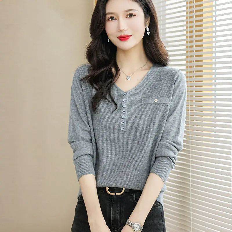 Spring and Autumn New Long Sleeve Thin Knitted Shirt for Women V-neck Western Style Loose Interior Bottom Coat Sweater Top