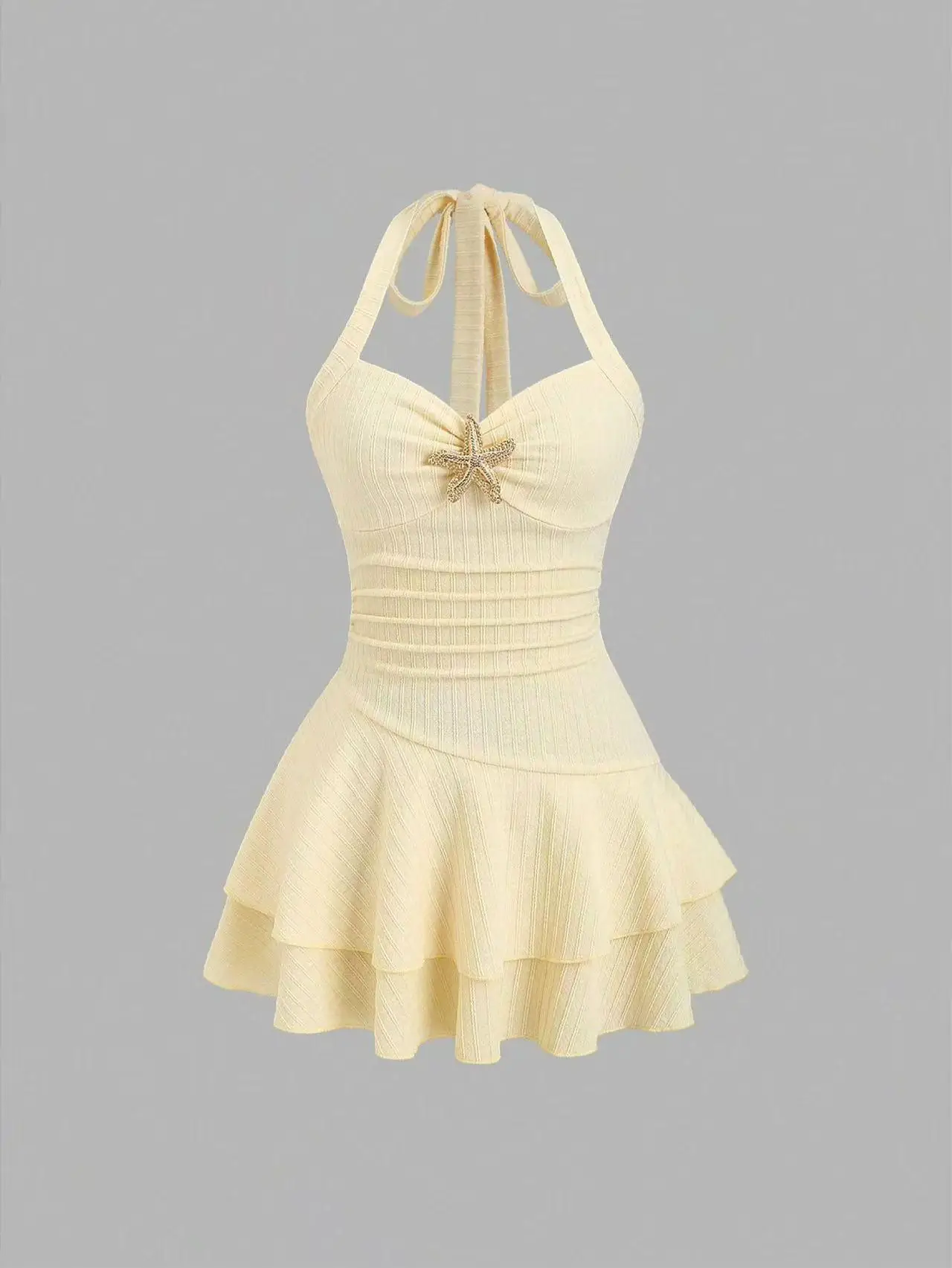 

Yellow Textured Knit Halter Mini Dress Women Tied Halter Neck Pleated Corset Double Ruffle Casual Short Dresses Y2k 2026 Summer