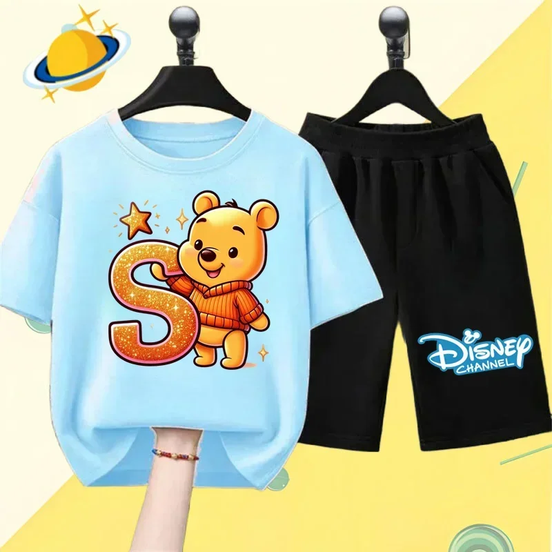 Winnie the Pooh Children's T-shirt set Letter cartoon print Boys and Girls clothing Kawaii Sports short sleeve shorts 2 shirts